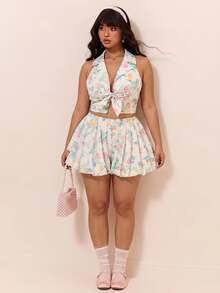 CovetEZ Plus Size Vintage Romantic Floral Spaghetti Strap Backless A-Line Jumpsuit, Suitable For Spring/Summer Vacation - Beige - View 1