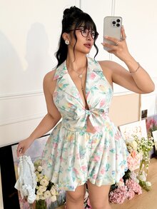 CovetEZ Plus Size Vintage Romantic Floral Spaghetti Strap Backless A-Line Jumpsuit, Suitable For Spring/Summer Vacation - Beige - View 6