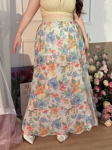 CovetEZ 大码花卉网纱透视防走光半身裙，春夏款 - 彩色 - 查看 4