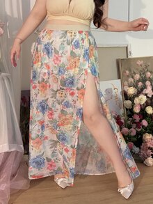 CovetEZ 大码花卉网纱透视防走光半身裙，春夏款 - 彩色 - 查看 3