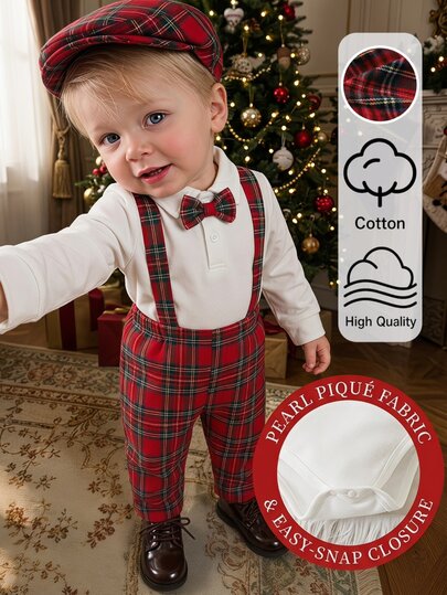 Souflis Souflis 2pcs/Set Baby Boy Gentleman Outfit, Bowtie Collar Romper And Adjustable Suspenders Shorts, 1st Birthday Outfit, Photo Costume, Autumn/Winter Toddler Clothing, Christmas Outfit, Baby Set, Birthday Set, Baptism Party Set