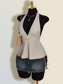 SHEIN ICON 万圣节女士露背吊带黑色娃娃衫 - 灰色 - 查看 7