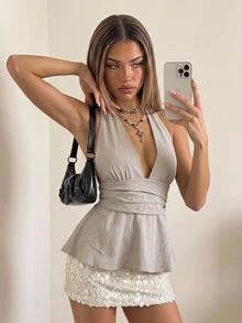 SHEIN ICON 万圣节女士露背吊带黑色娃娃衫 - 灰色 - 查看 3