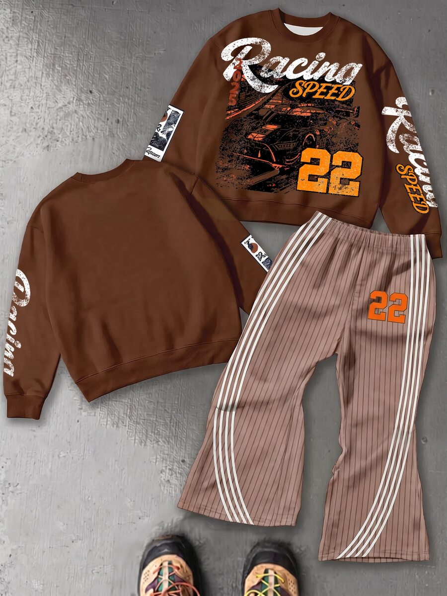 Young Boys Autumn New Casual Minimalist Loose Comfortable Crew Neck Sweatshirt & Flare Pants 2pcs Set, Suitable For Autumn/Winter, Classic Cool Handsome Vintage Rally Car Graphic Print, Classic Text Graphic Print, Classic Text 22 Graphic Print, Y2K - Multicolor - View 1