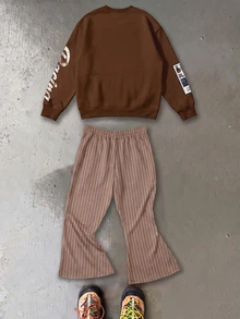 Young Boys Autumn New Casual Minimalist Loose Comfortable Crew Neck Sweatshirt & Flare Pants 2pcs Set, Suitable For Autumn/Winter, Classic Cool Handsome Vintage Rally Car Graphic Print, Classic Text Graphic Print, Classic Text 22 Graphic Print, Y2K - Multicolor - View 2