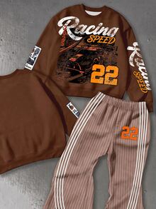 Young Boys Autumn New Casual Minimalist Loose Comfortable Crew Neck Sweatshirt & Flare Pants 2pcs Set, Suitable For Autumn/Winter, Classic Cool Handsome Vintage Rally Car Graphic Print, Classic Text Graphic Print, Classic Text 22 Graphic Print, Y2K - Multicolor - View 4