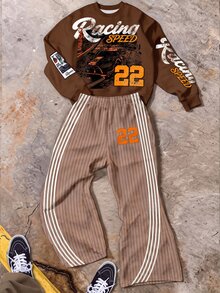 Young Boys Autumn New Casual Minimalist Loose Comfortable Crew Neck Sweatshirt & Flare Pants 2pcs Set, Suitable For Autumn/Winter, Classic Cool Handsome Vintage Rally Car Graphic Print, Classic Text Graphic Print, Classic Text 22 Graphic Print, Y2K - Multicolor - View 3