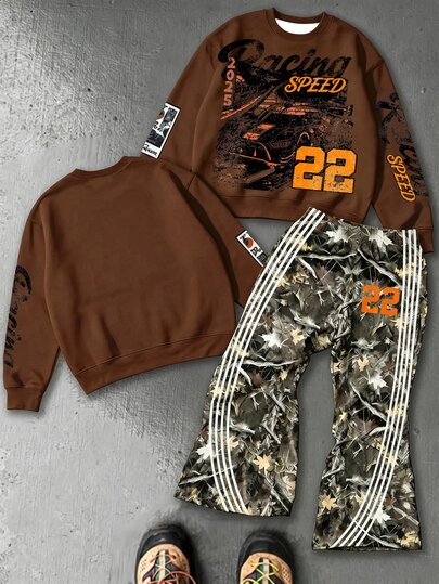 Young Boys Autumn New Casual Minimalist Loose Comfortable Crew Neck Sweatshirt & Flare Pants 2 Pieces Set, Suitable For Autumn/Winter, Classic Cool Retro Racing Car Graphic Print, Classic Text Graphic Print, Classic Text 22 Print, Y2K
