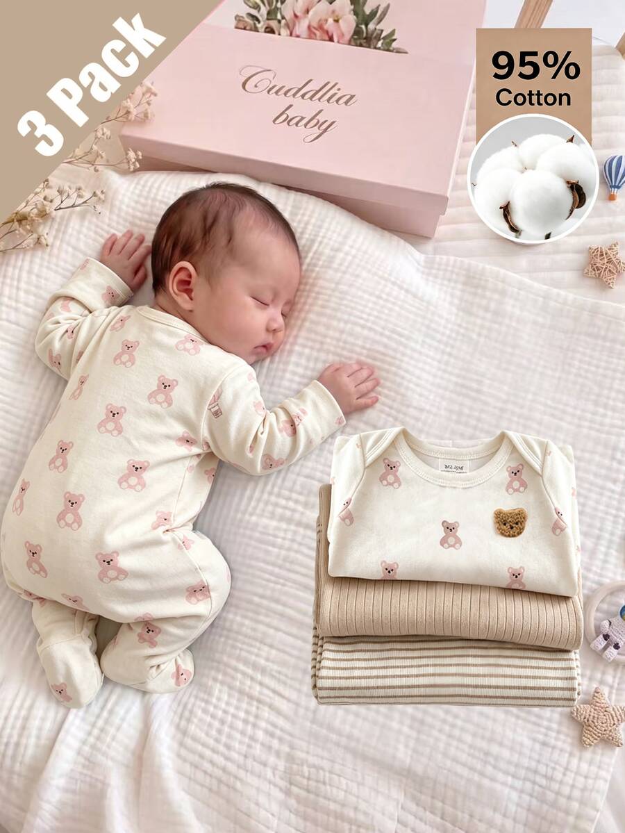 SHEIN 3pcs Newborn Long Sleeve Footed Jumpsuits, Comfortable Soft Home Wear, Best Gift For Newborns