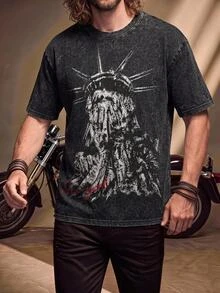 Fenqiro Men Plus Size Washed Round Neck Short Sleeve Fashionable Printed Vintage T-Shirt, Summer, Holiday - Black - View 1