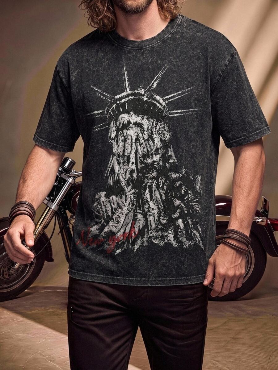 Fenqiro Men Plus Size Washed Round Neck Short Sleeve Fashionable Printed Vintage T-Shirt, Summer, Holiday - Black - View 1