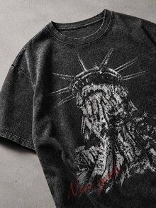 Fenqiro Men Plus Size Washed Round Neck Short Sleeve Fashionable Printed Vintage T-Shirt, Summer, Holiday - Black - View 3