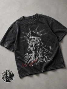 Fenqiro Men Plus Size Washed Round Neck Short Sleeve Fashionable Printed Vintage T-Shirt, Summer, Holiday - Black - View 4