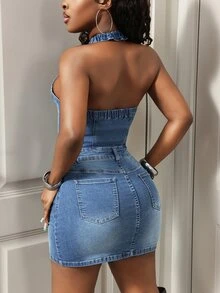 BamGleam Gaun Denim Biru Pendek Slim Fit Kancing Depan Saku untuk Wanita, Gaya Outdoor Fashion - Dark Wash - View 2