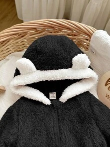 SHEIN 女嬰秋冬可愛百搭毛茸茸黑色保暖內裡連帽外套 - 黑與白 - 查看 3