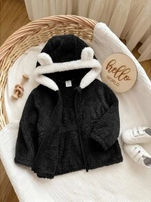 SHEIN 女嬰秋冬可愛百搭毛茸茸黑色保暖內裡連帽外套 - 黑與白 - 查看 4