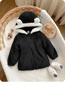 SHEIN 女嬰秋冬可愛百搭毛茸茸黑色保暖內裡連帽外套 - 黑與白 - 查看 2