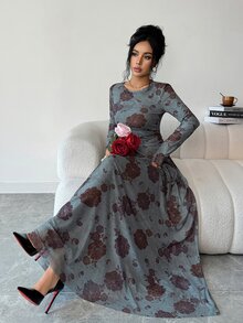 Modelyn Women's Floral Print Long Sleeve Asymmetrical Hem Top & Skirt Elegant Two Pieces Set - Multicolor - View 6