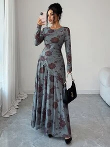 Modelyn Women's Floral Print Long Sleeve Asymmetrical Hem Top & Skirt Elegant Two Pieces Set - Multicolor - View 5