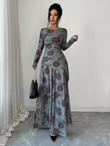 Modelyn Women's Floral Print Long Sleeve Asymmetrical Hem Top & Skirt Elegant Two Pieces Set - Multicolor - View 4