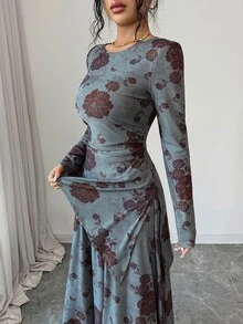Modelyn Women's Floral Print Long Sleeve Asymmetrical Hem Top & Skirt Elegant Two Pieces Set - Multicolor - View 3