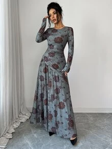 Modelyn Women's Floral Print Long Sleeve Asymmetrical Hem Top & Skirt Elegant Two Pieces Set - Multicolor - View 1