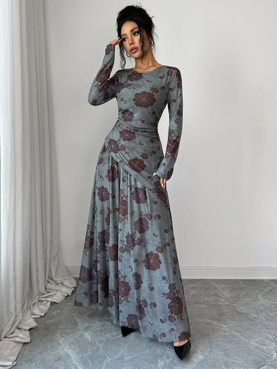Modelyn Women's Floral Print Long Sleeve Asymmetrical Hem Top & Skirt Elegant Two Pieces Set - Multicolor - View 1