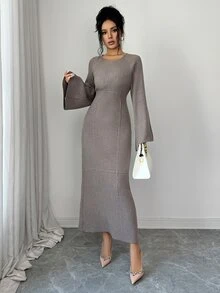Veilorie Women's Solid Color Square Neck Flared Sleeve Fitted Elegant Knit Dress - Camel - View 5