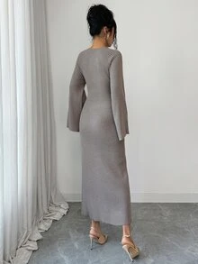 Veilorie Women's Solid Color Square Neck Flared Sleeve Fitted Elegant Knit Dress - Camel - View 2