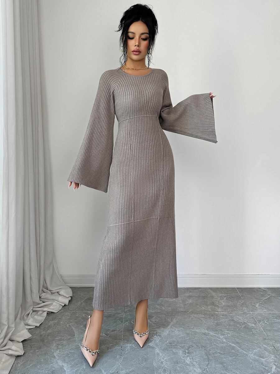 Veilorie Women's Solid Color Square Neck Flared Sleeve Fitted Elegant Knit Dress - Camel - View 1