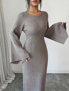 Veilorie Women's Solid Color Square Neck Flared Sleeve Fitted Elegant Knit Dress - Camel - View 4