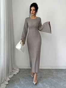 Veilorie Women's Solid Color Square Neck Flared Sleeve Fitted Elegant Knit Dress - Camel - View 3