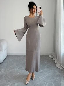 Veilorie Women's Solid Color Square Neck Flared Sleeve Fitted Elegant Knit Dress - Camel - View 6