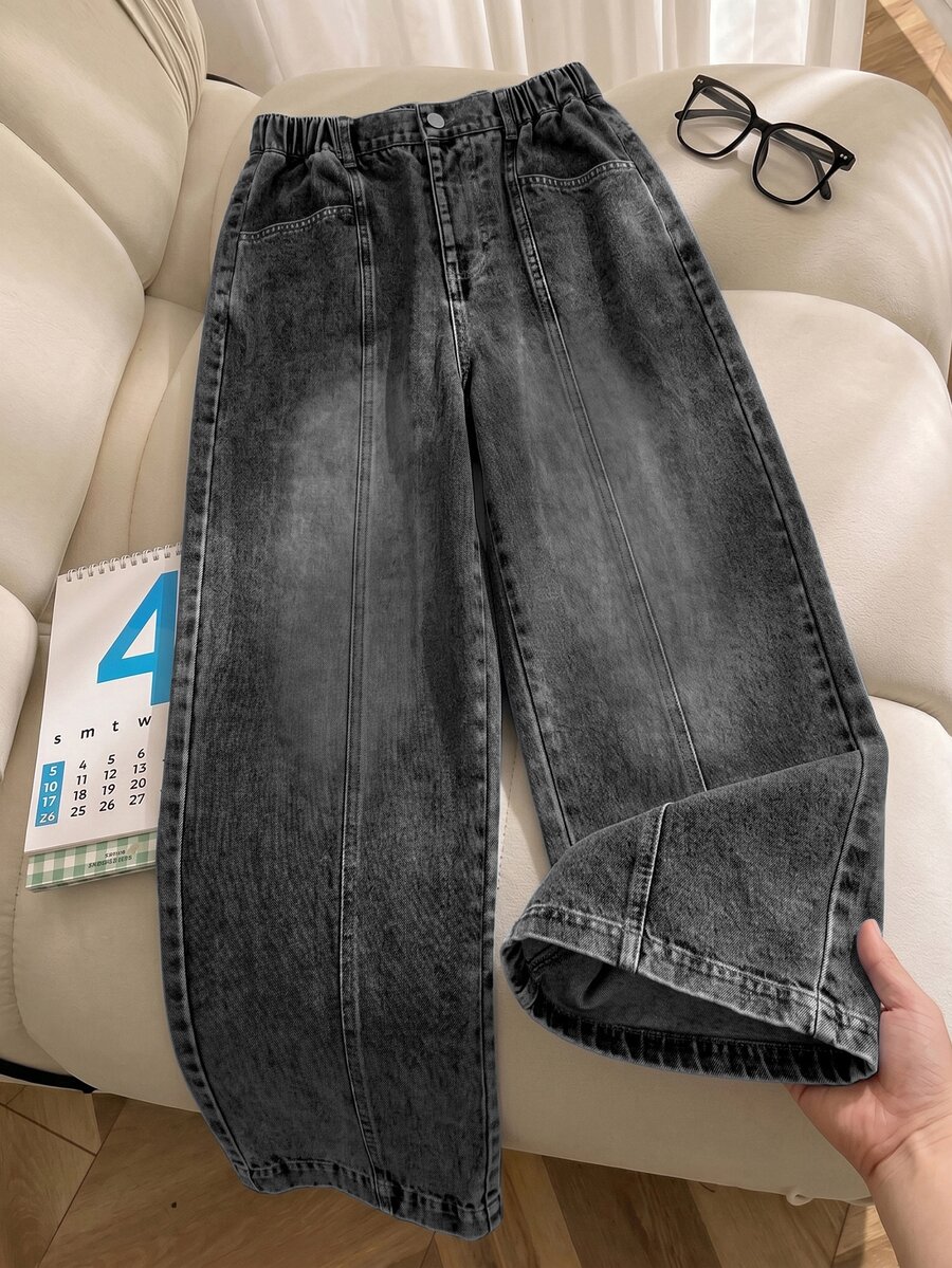 SHEIN 青少年女孩牛仔寬腿褲,夏季新款經典復古深藍色水洗,半彈性腰頭,穿著舒適,直筒寬鬆寬腿版型,適合度假、日常通勤、校園穿搭、週末出遊 - 灰色 - 查看 1