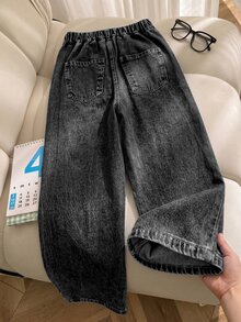 SHEIN 青少年女孩牛仔寬腿褲，夏季新款經典復古深藍色水洗，半彈性腰頭，穿著舒適，直筒寬鬆寬腿版型，適合度假、日常通勤、校園穿搭、週末出遊 - 灰色 - 查看 2