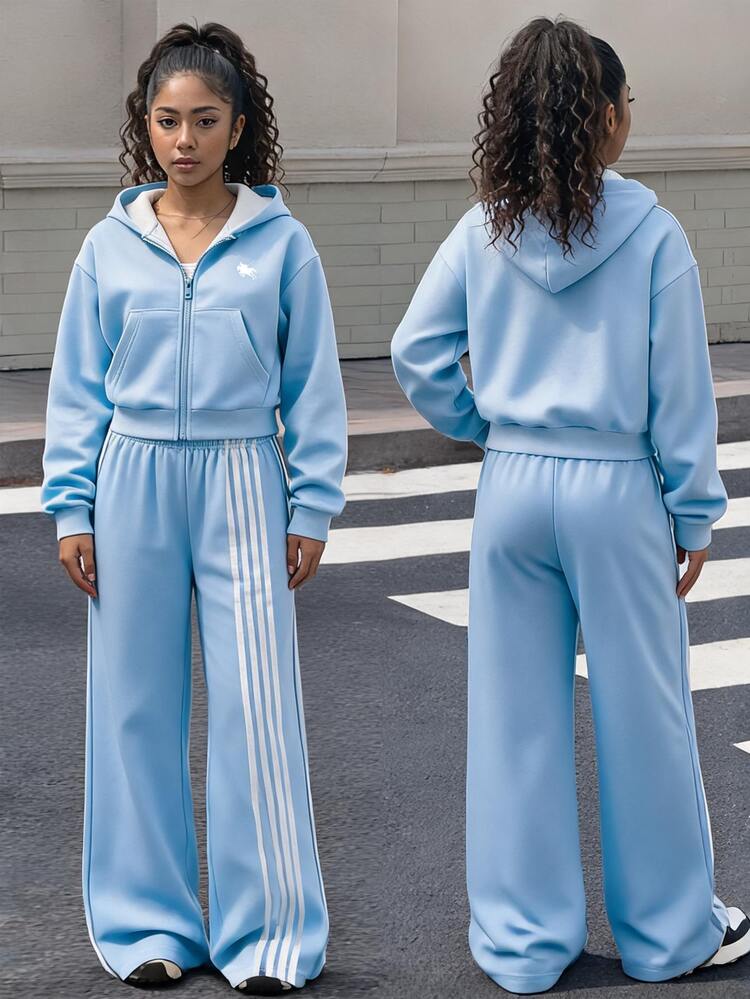 Sparklyn Tween Girls' Casual Fashion Hooded Long Sleeve Blue Jacket With Pony Print And Wide Leg Blue Pants With 4 Stripes On Left Side, 2 Pieces Set For Autumn/Winter - Blue - View 3