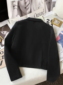 SHEIN 青少年女孩黑色翻領長袖短版西裝外套，秋季休閒學院風純色外衣 - 黑色 - 查看 2