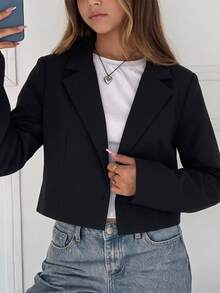 SHEIN 青少年女孩黑色翻領長袖短版西裝外套，秋季休閒學院風純色外衣 - 黑色 - 查看 7