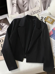 SHEIN 青少年女孩黑色翻領長袖短版西裝外套，秋季休閒學院風純色外衣 - 黑色 - 查看 3