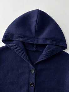 SHEIN Teen Girls' Fashion Casual Fresh Short Solid Color Autumn/Winter Hooded Knit Cardigan Sweater - Navy Blue - View 3