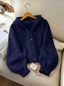 SHEIN Teen Girls' Fashion Casual Fresh Short Solid Color Autumn/Winter Hooded Knit Cardigan Sweater - Navy Blue - View 1