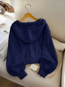 SHEIN Teen Girls' Fashion Casual Fresh Short Solid Color Autumn/Winter Hooded Knit Cardigan Sweater - Navy Blue - View 2