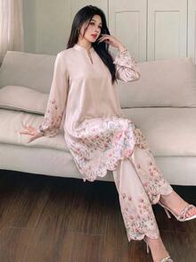 Modelyn 女士V领刺绣宽松两件套，春夏款 - 粉色 - 查看 6
