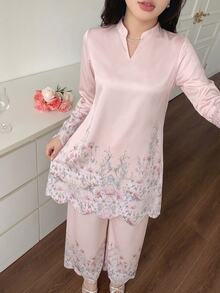 Modelyn 女士V领刺绣宽松两件套，春夏款 - 粉色 - 查看 11