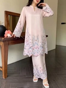 Modelyn 女士V领刺绣宽松两件套，春夏款 - 粉色 - 查看 7