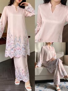 Modelyn 女士V领刺绣宽松两件套，春夏款 - 粉色 - 查看 8