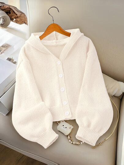 SHEIN Girls' Fashion Casual Fresh Short Solid Color Autumn/Winter Hooded Knit Cardigan Sweater