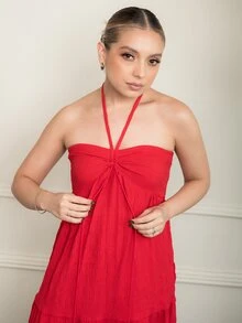 Ximena Robles Ximena Robles 女士长裙春夏新款时尚系带露背露背开叉纹理休闲派对节日红色连衣裙 - 酒紅色 - 查看 4