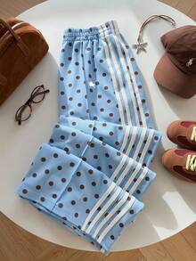 SHEIN EZwear 女士休闲蓝色波点小马标志撞色条纹阔腿运动裤，适合夏季、秋季、冬季穿着；棕色阔腿裤，适合日常通勤、约会、派对、秋冬夏季、圣诞节、新年、感恩节、聚会、婚礼、海滩、毕业典礼、时尚、优雅、休闲、外出、约会、预订、通勤、闪亮、情人节、优雅、度假、休闲、Y2K、外出、毕业典礼等场合。 - 彩色 - 查看 5