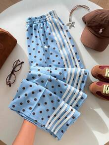 SHEIN EZwear 女士休闲蓝色波点小马标志撞色条纹阔腿运动裤，适合夏季、秋季、冬季穿着；棕色阔腿裤，适合日常通勤、约会、派对、秋冬夏季、圣诞节、新年、感恩节、聚会、婚礼、海滩、毕业典礼、时尚、优雅、休闲、外出、约会、预订、通勤、闪亮、情人节、优雅、度假、休闲、Y2K、外出、毕业典礼等场合。 - 彩色 - 查看 1